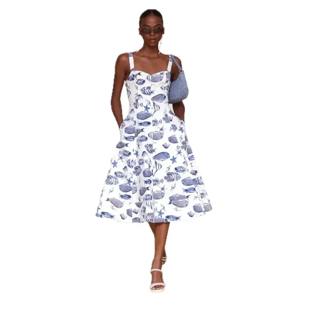 Avec Les Filles Marina Dress Midi Fish Ocean Print Blue White Size 6 - Picture 3 of 14